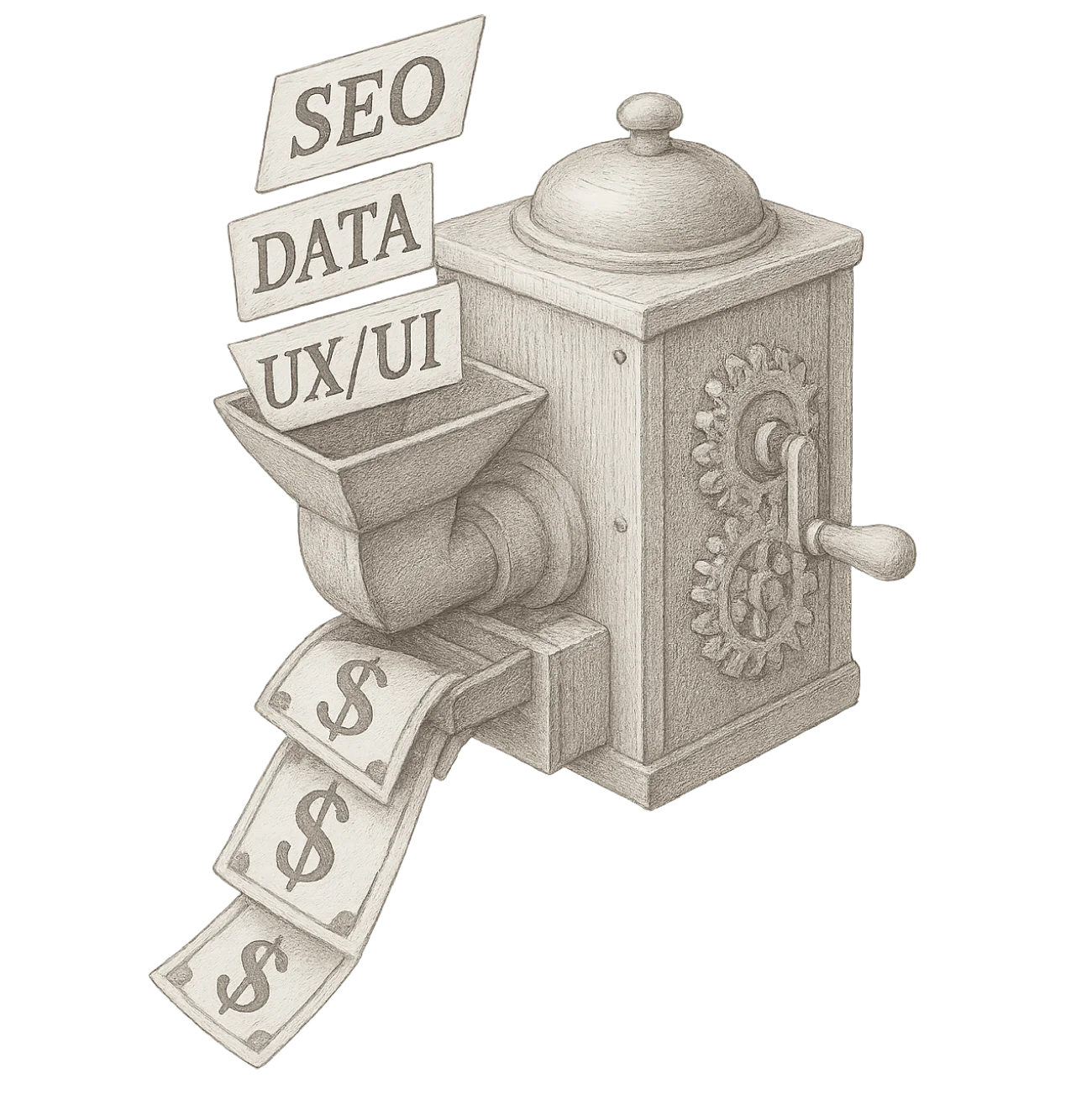 Croquis d'une machine illustrant la conversion du SEO, de la Data et de l'UX en retour sur investissement