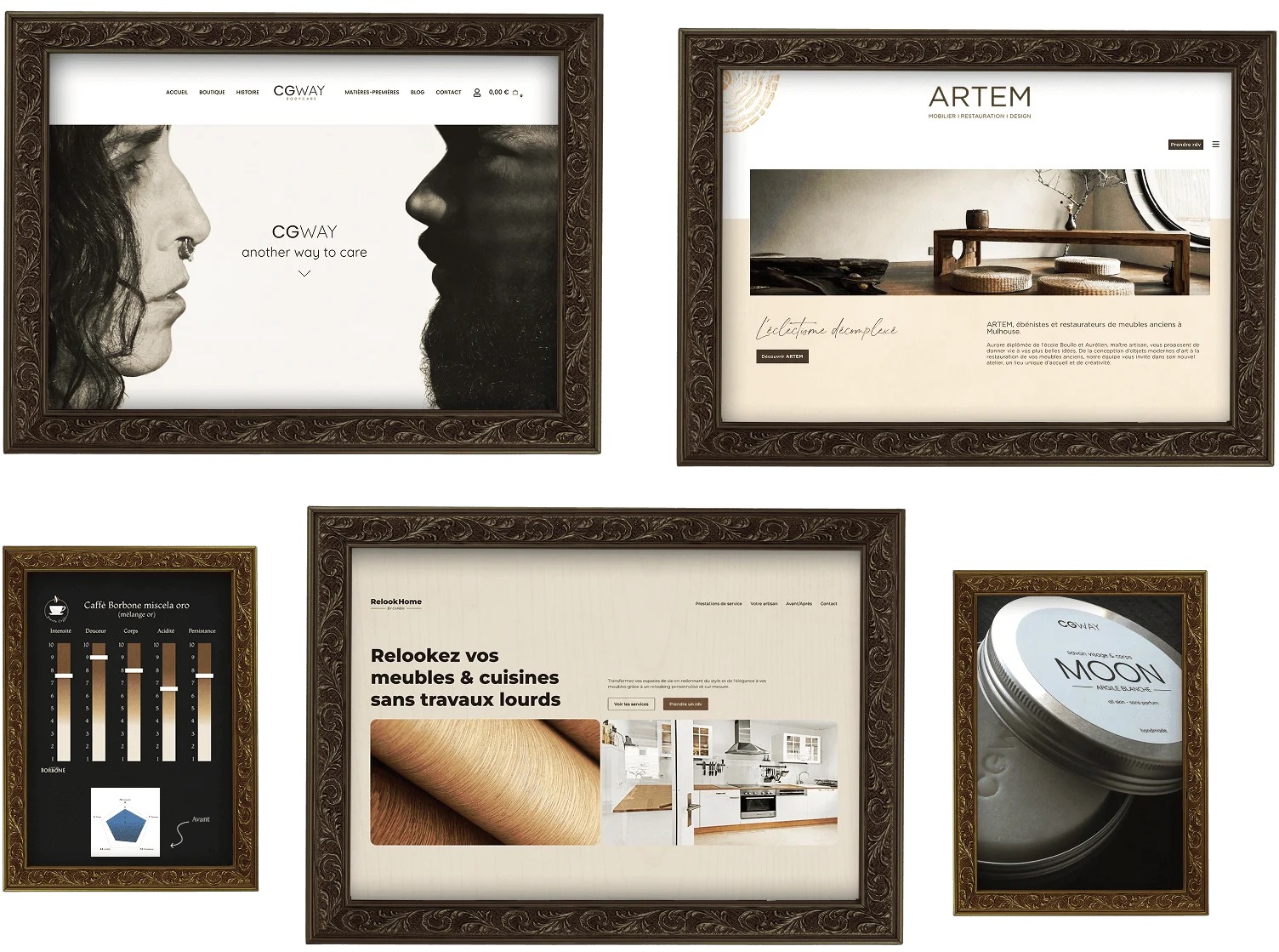 Montage de plusieurs réalisations web et print par A&J Bottega, incluant interface UX/UI, design de site web et branding