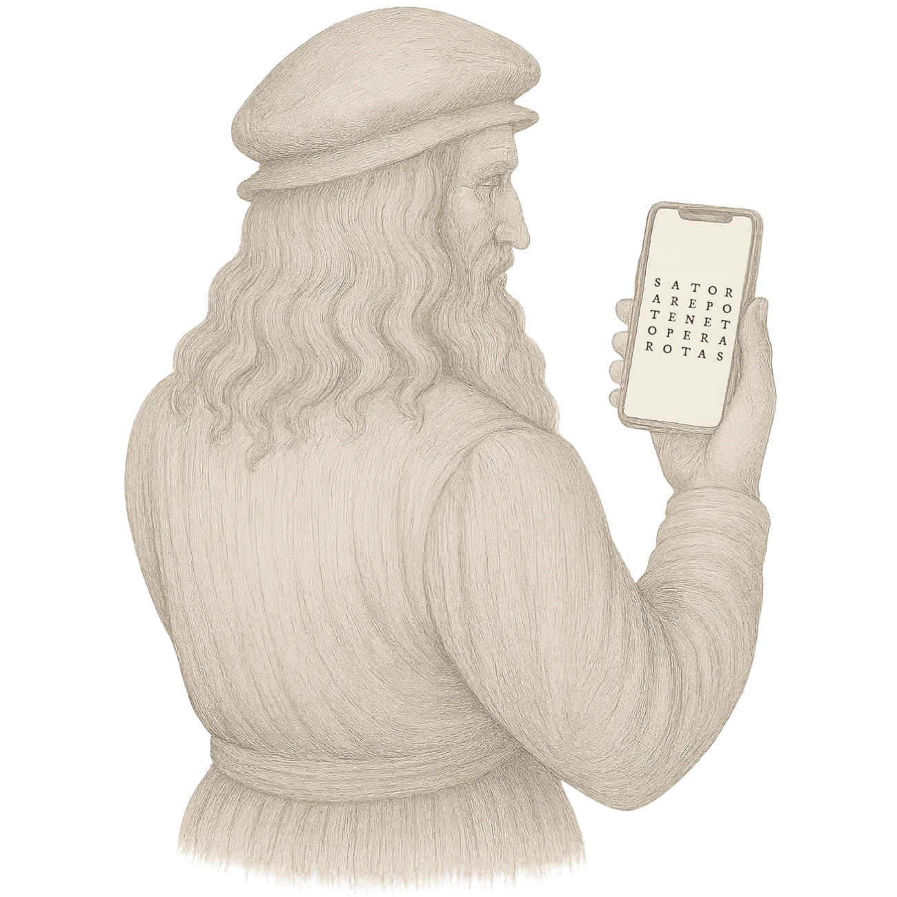 Croquis de Leonard de Vinci tenant un smartphone pour contacter A&J Bottega