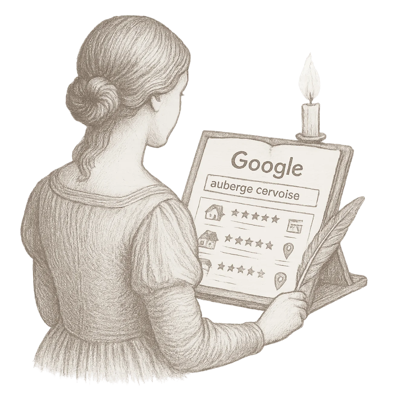 Croquis représentant une femme qui fait une recherche Google dans un livre illustrant les requêtes SEO