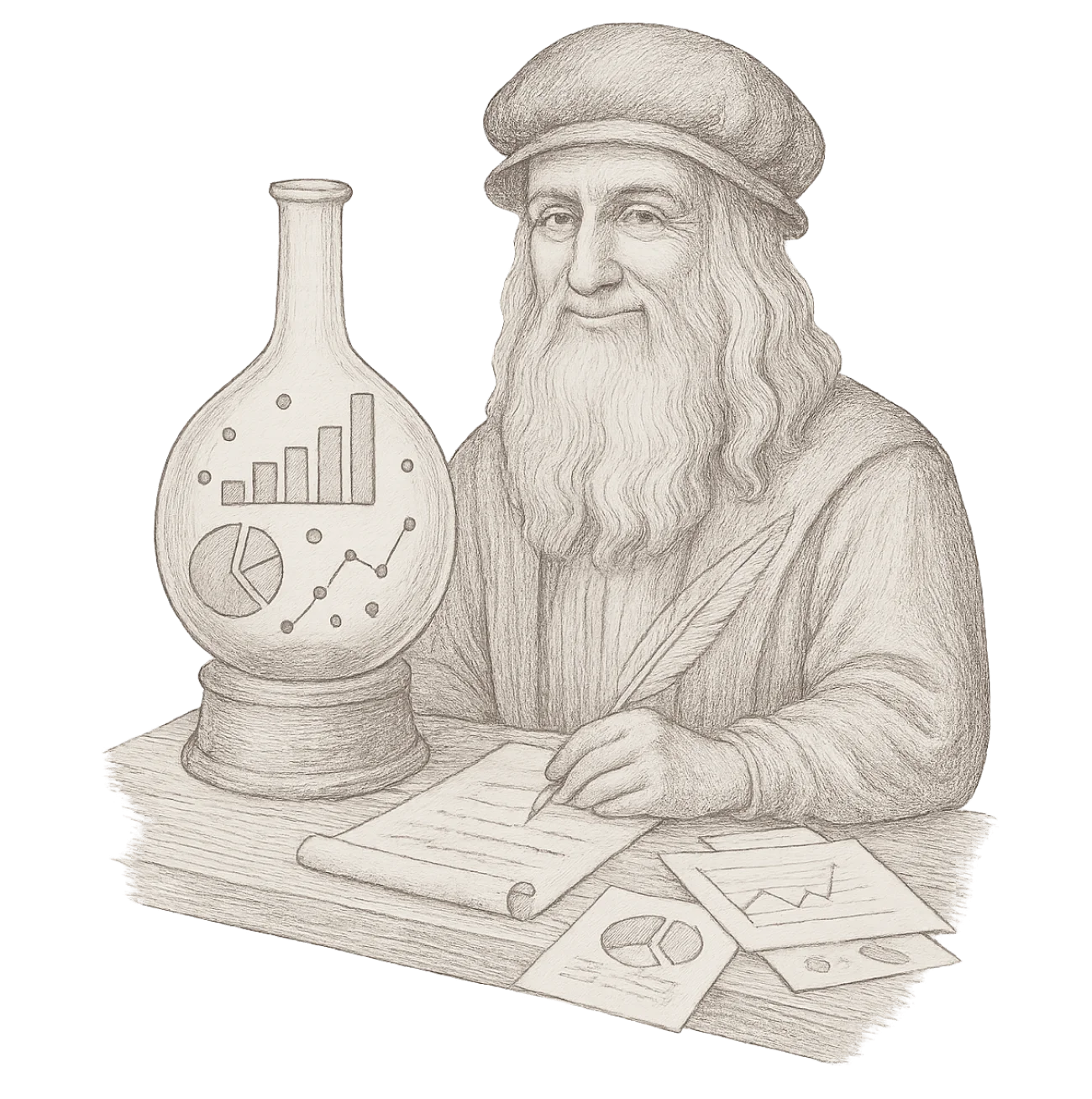Croquis de Leonard de Vinci faisant de l'alchimie avec des graphiques pour illustrer la data